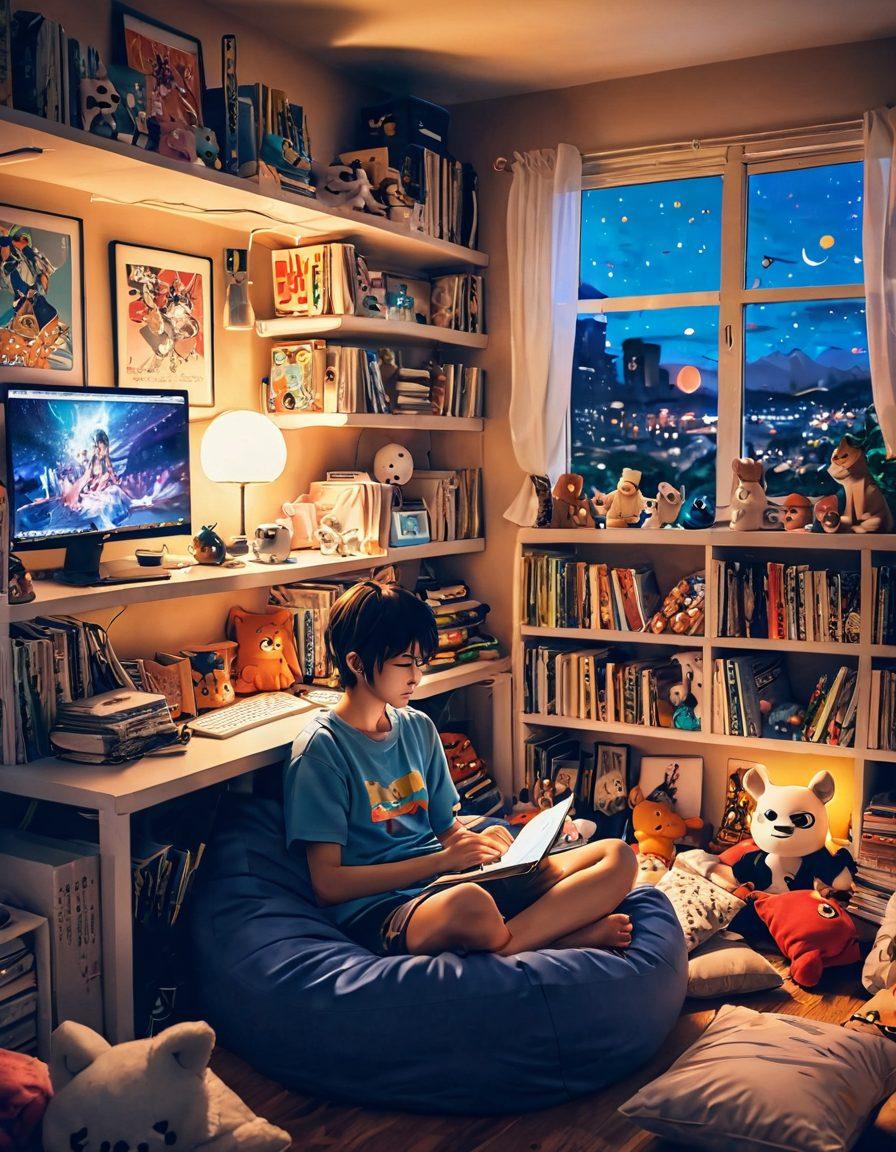 A vibrant and intricate illustration depicting a cozy otaku room filled with colorful anime posters, manga stacks, and plushies, with a soft light glowing from a computer screen showing a dynamic adult anime scene. Include a character in traditional anime style lounging on a bean bag, immersed in reading. Emphasize the fusion of fantasy and reality with a hint of playful allure. vivid colors. anime style. 3D effect.