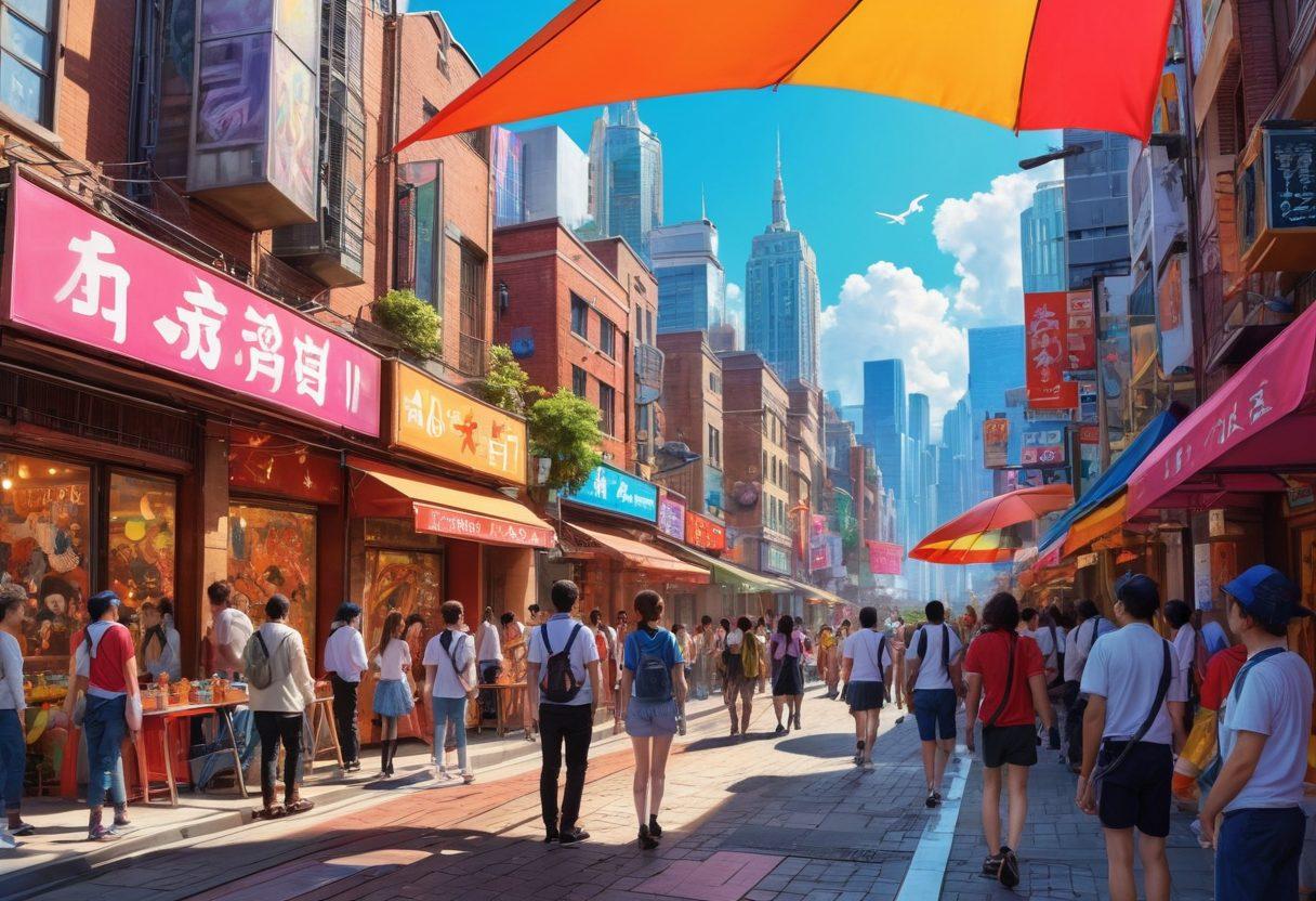 A dynamic and colorful scene depicting a collage of popular adult anime characters interacting in a vibrant cityscape, with fans cosplaying nearby, showcasing their passion. Ensure a mix of styles from traditional manga to modern animation, with an emphasis on expressive facial features and engaging body language. The atmosphere should be lively and inviting, highlighting both the art and community aspects of the genre. super-realistic. vibrant colors. urban background.